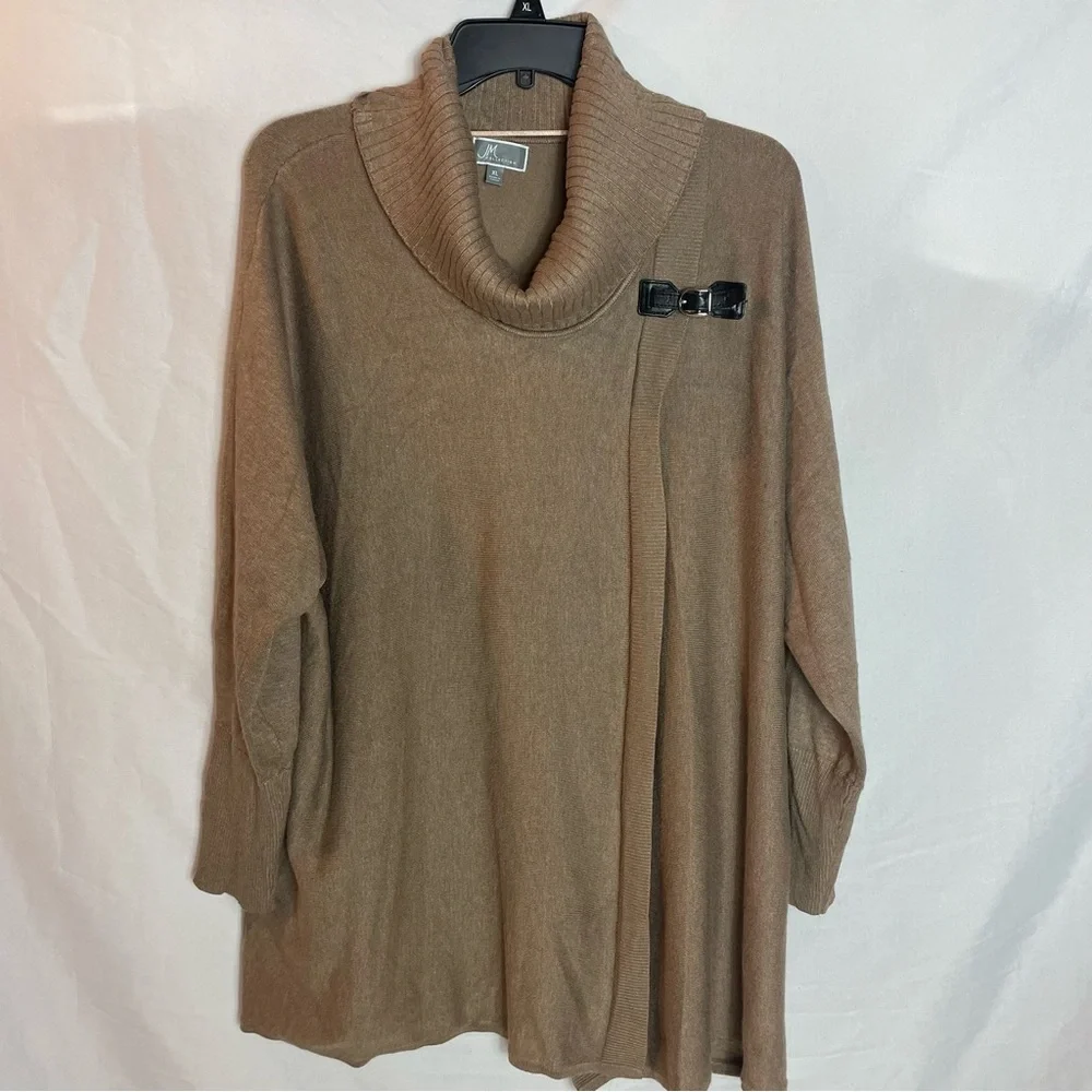 JM Collection Cowl Neck Faux Wrap Sweater Buckle Detail Brown Taupe Boho XL Chic